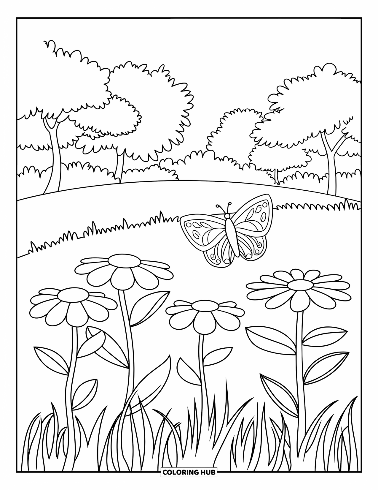 Landscape Coloring Page for Kids: Big flowers bloom in a sunny field with a butterfly above