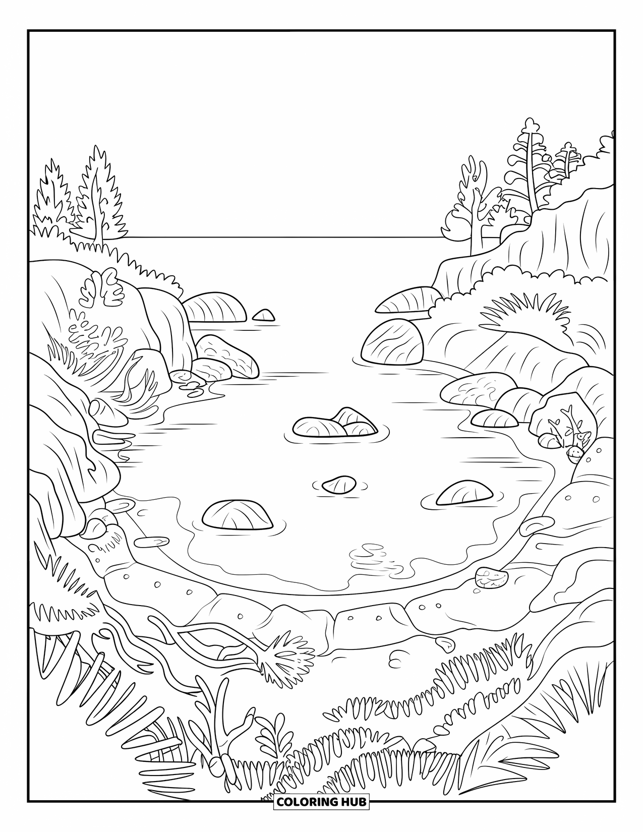 Landscape Coloring Page for Kids: Calm waters rest in a beach cove with driftwood and rocky shores