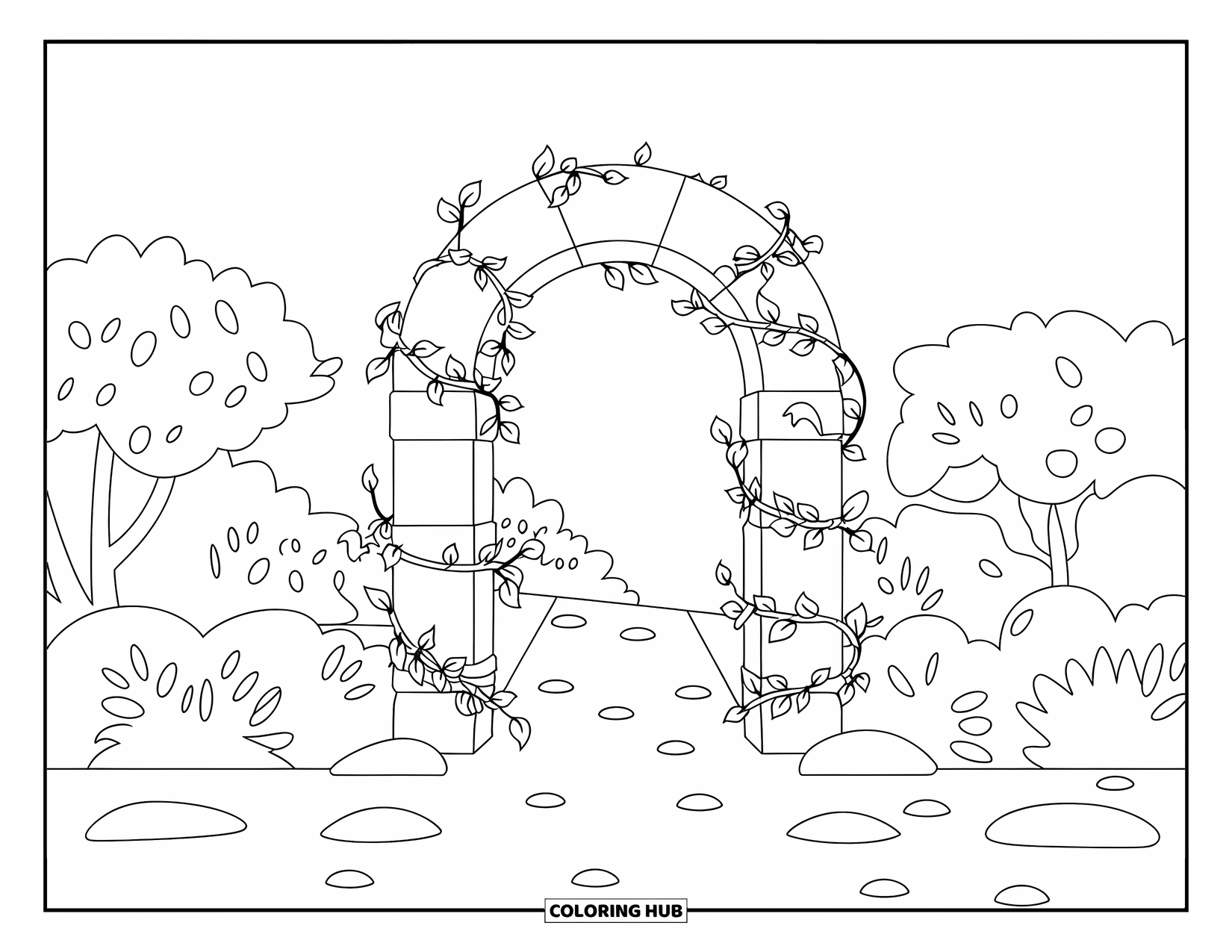 Landscape Coloring Page for Kids: Circular vines and stones frame a rustic garden archway