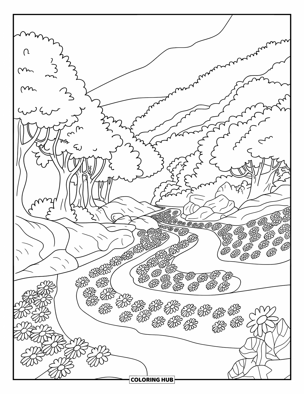 Landscape Coloring Page for Kids: Curved trails flow through a flower-filled valley beneath mountain views