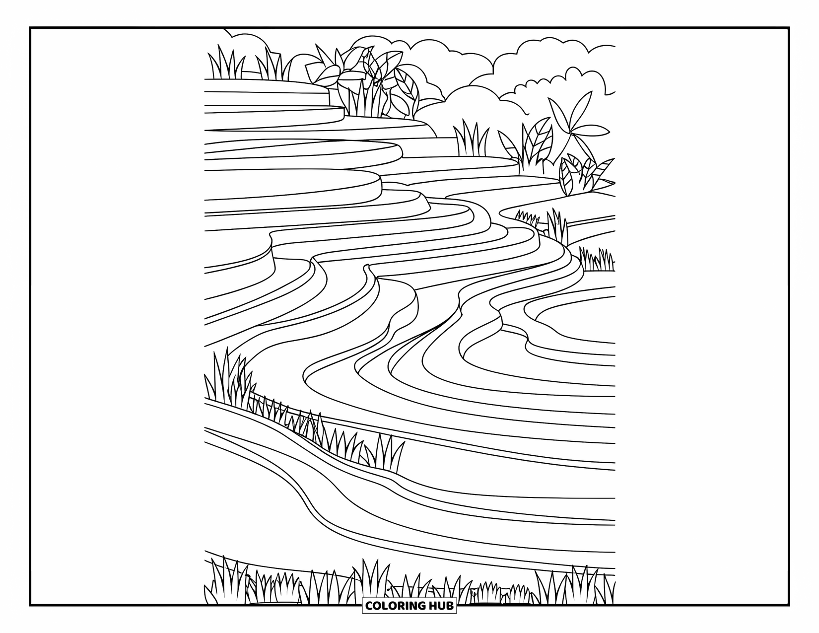 Landscape Coloring Page for Kids: Cute rice terraces step down a peaceful hillside