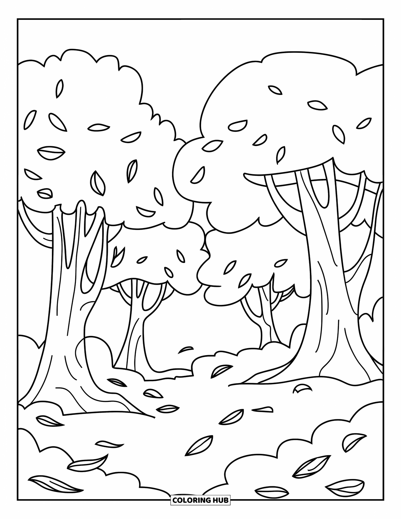 Landscape Coloring Page for Kids: Fallen leaves scatter under trees in a quiet forest