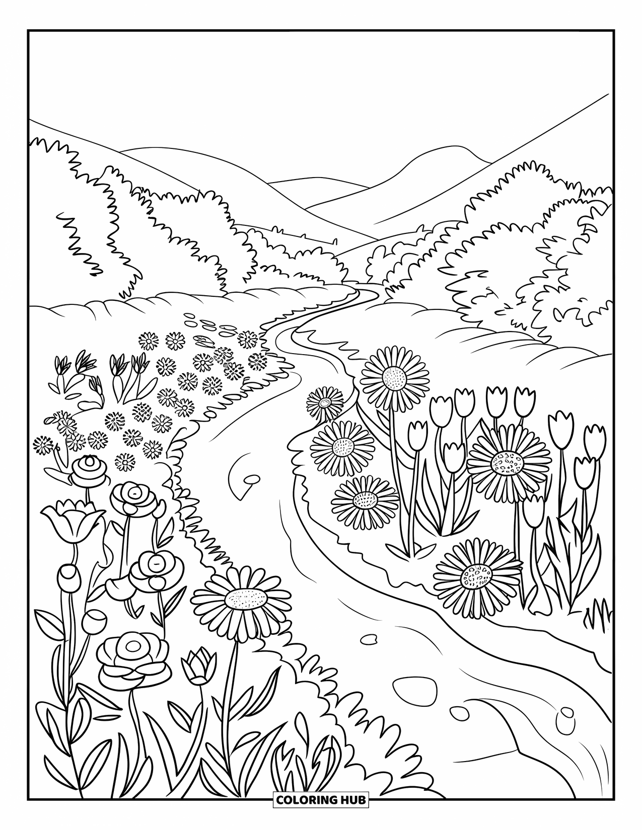 Landscape Coloring Page for Kids: Flowers bloom beside a river flowing through a peaceful valley