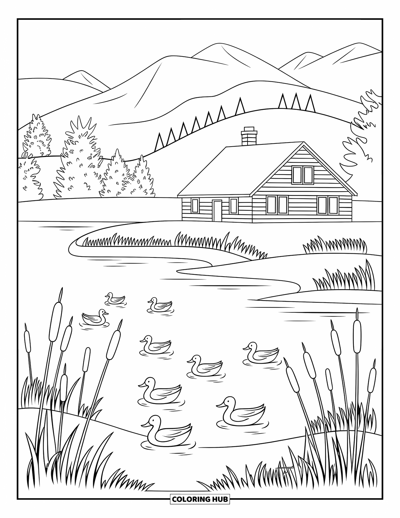 Landscape Coloring Page for Kids: Mountains frame a cottage and lake filled with ducks