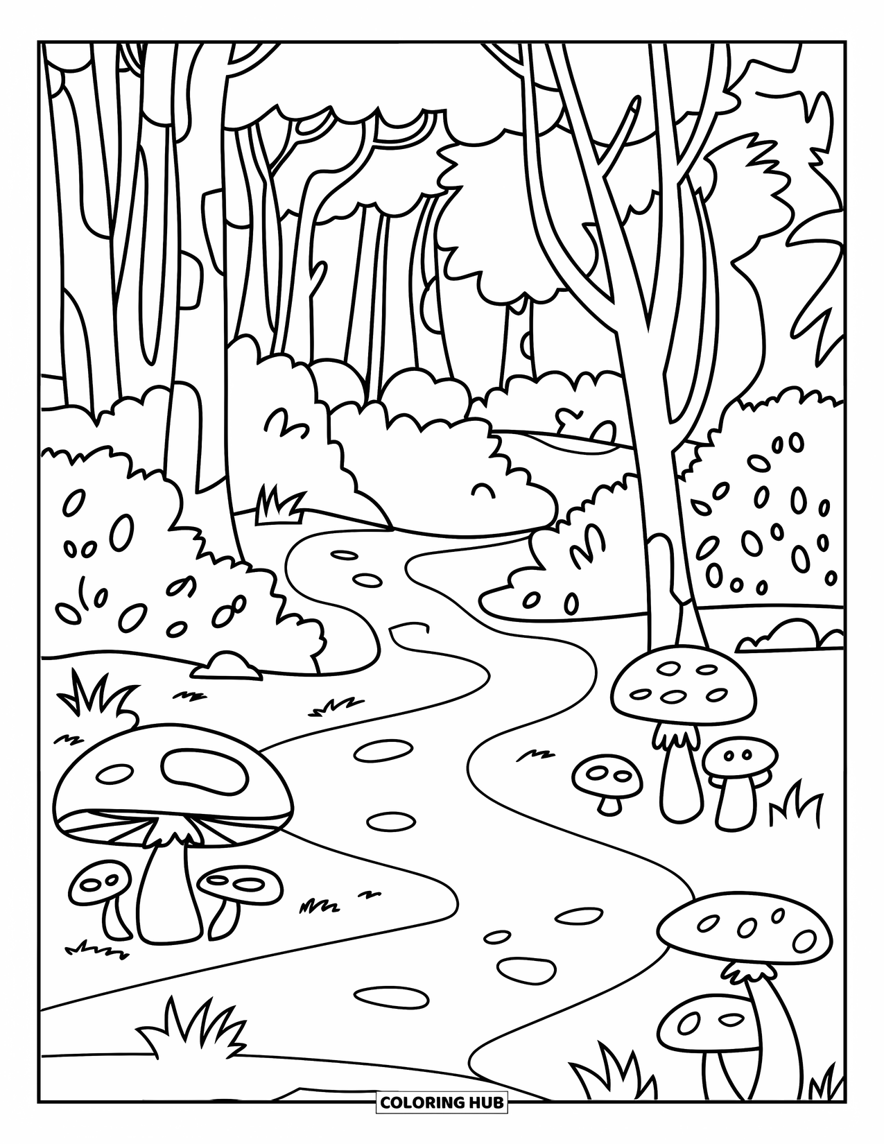 Landscape Coloring Page for Kids: Mushrooms and trees line a playful forest trail