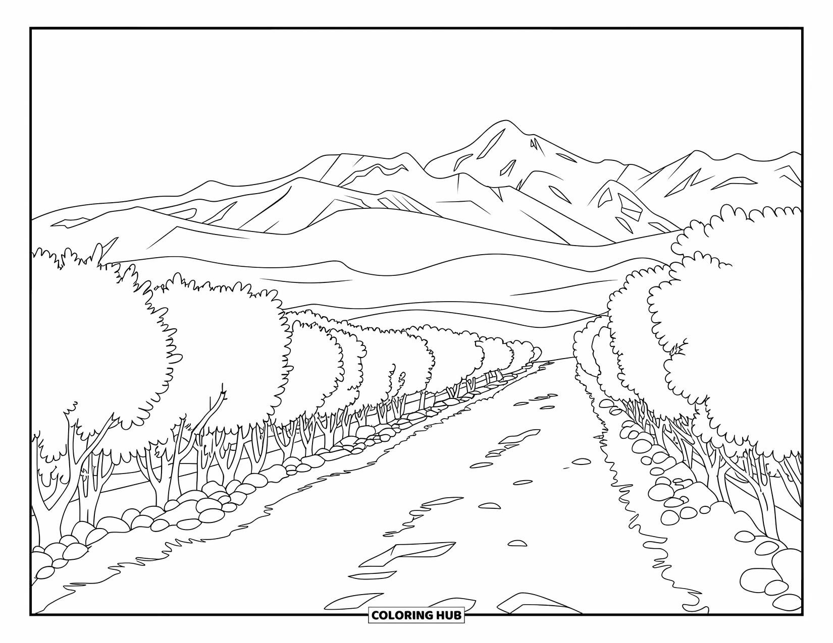 Landscape Coloring Page for Kids: Neat rows of trees guide a path toward distant snowy mountains