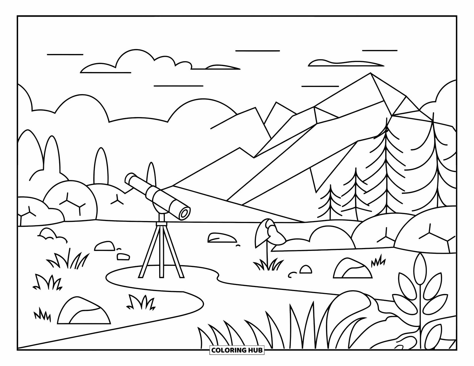 Landscape Coloring Page for Kids: Rocks and plants line a mountain path to a stargazing spot