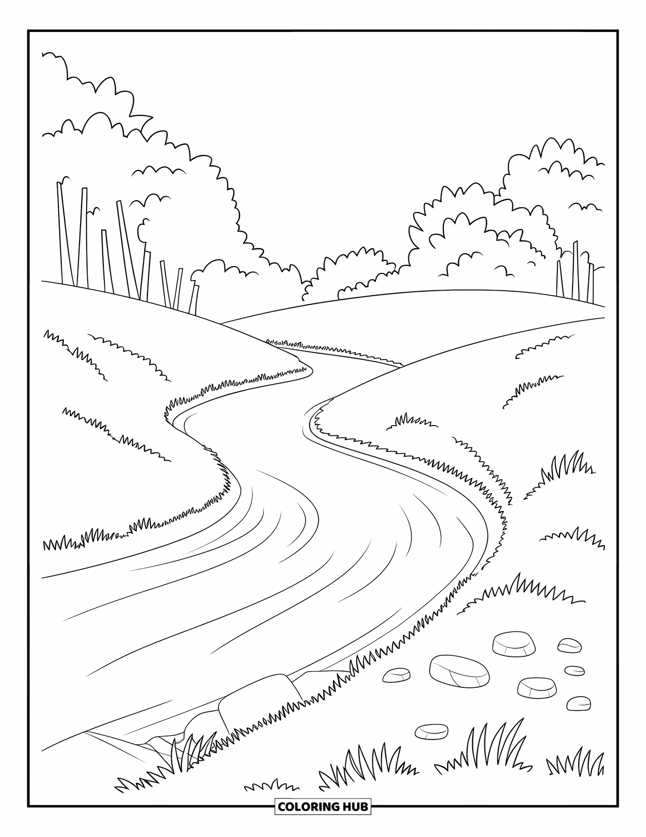 Landscape Coloring Page for Kids: Rocks and trees line a curvy river between soft hills