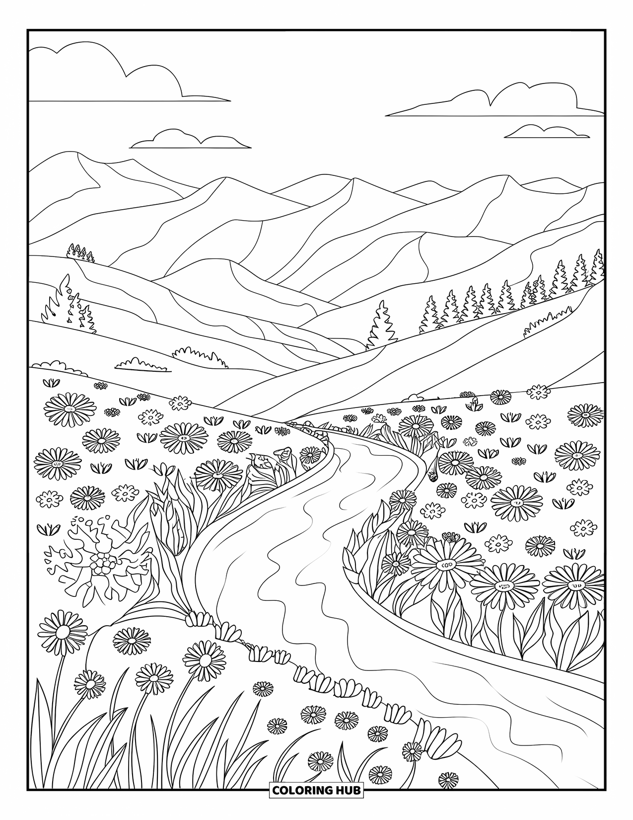 Landscape Coloring Page for Kids: Rolling hills and bright flowers follow a gentle river path