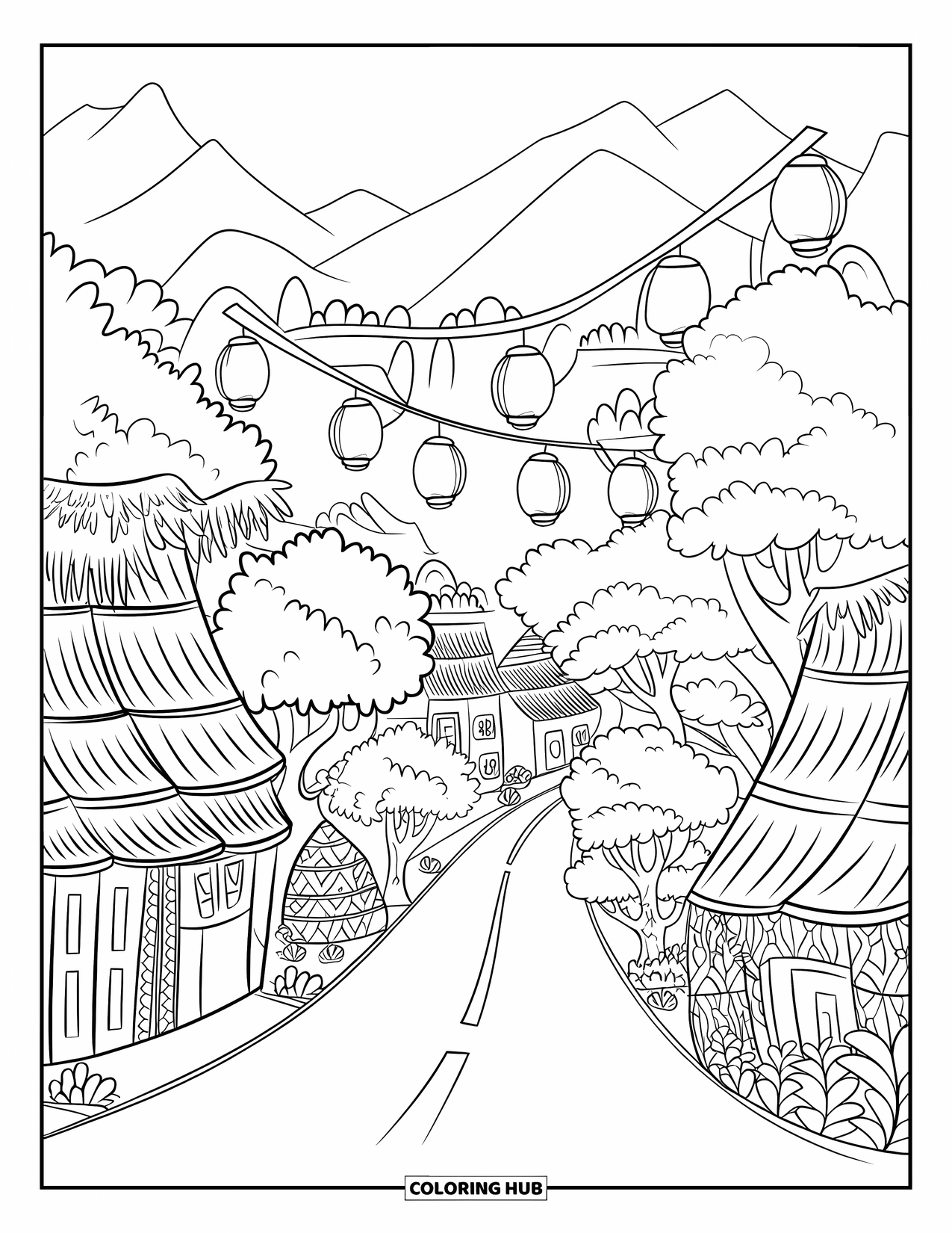 Landscape Coloring Page for Kids: Round-leafed trees and lanterns decorate a winding village lane