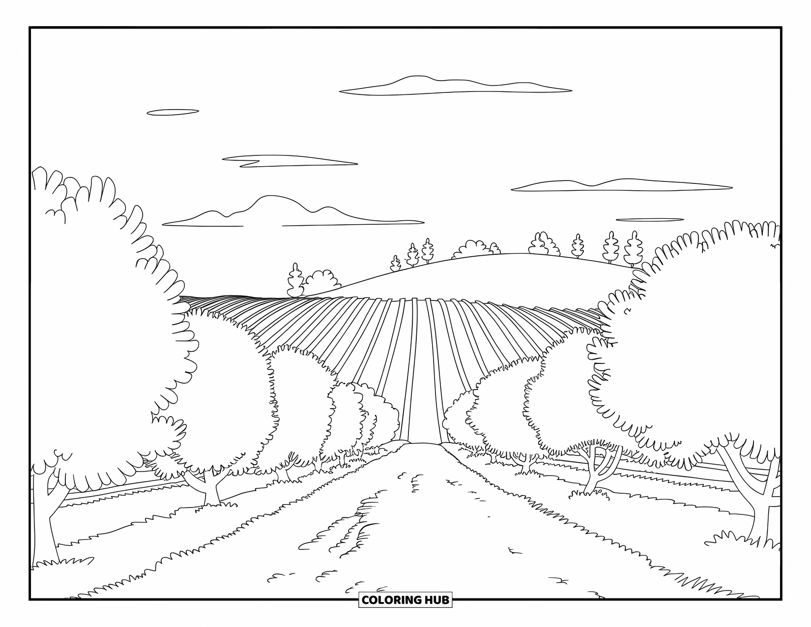 Landscape Coloring Page for Kids: Rows of orchard trees line a dirt trail beneath a soft, cloudy sky