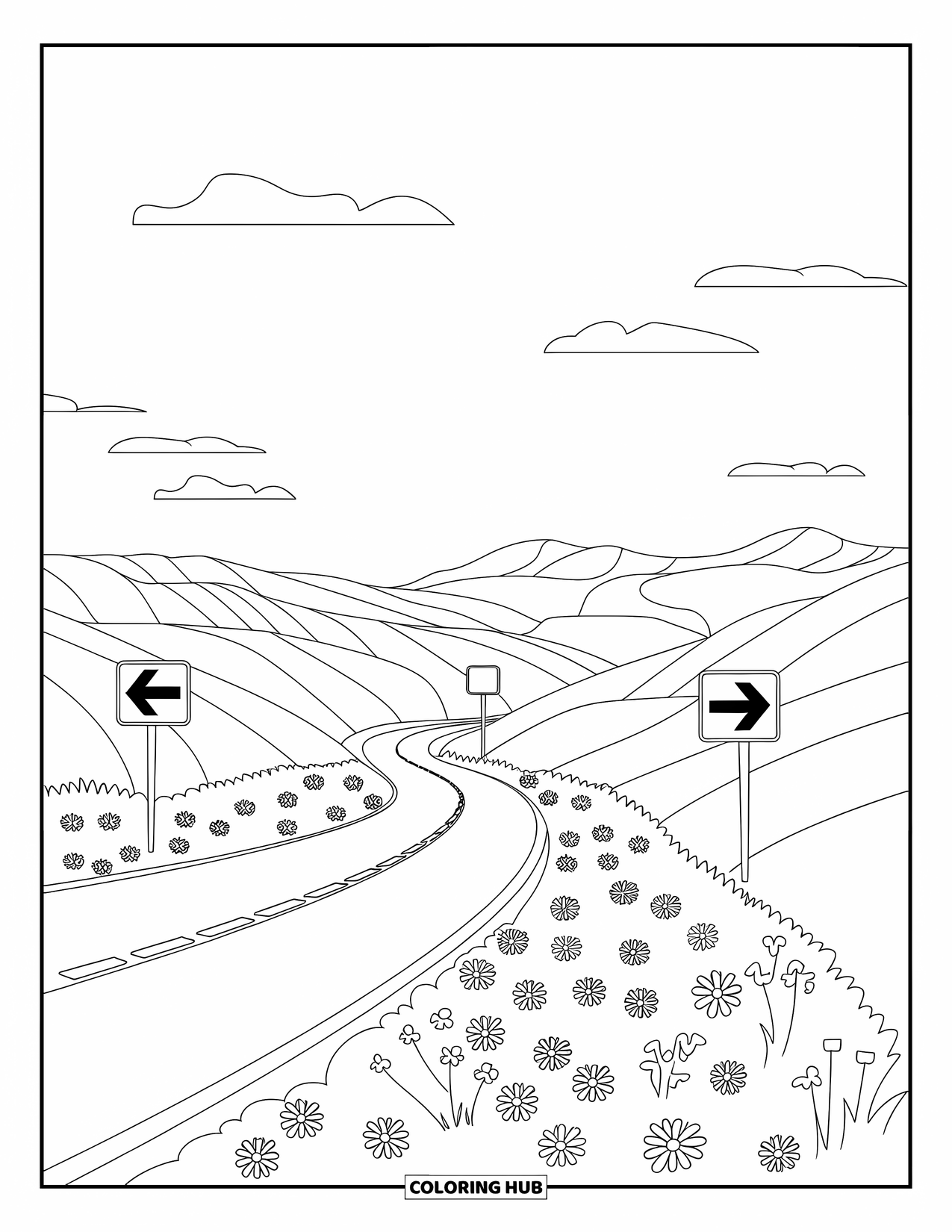 Landscape Coloring Page for Kids: Signs and flowers line a road between smooth green hills