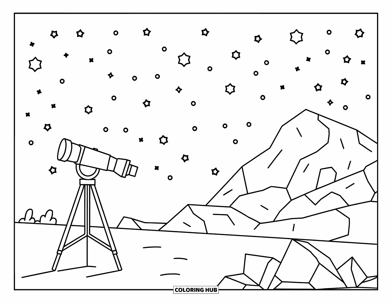 Landscape Coloring Page for Kids: Stars fill the sky over a peaceful mountain and telescope view
