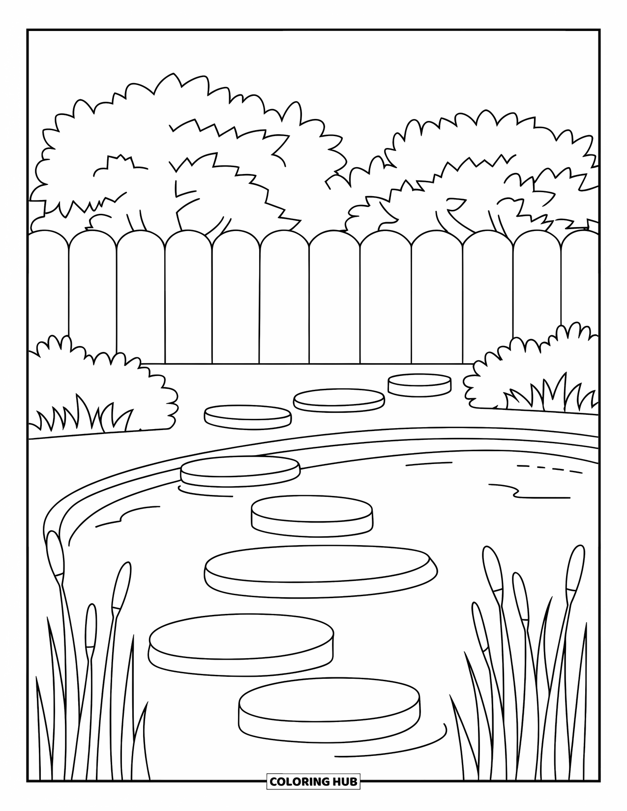 Landscape Coloring Page for Kids: Stepping stones cross a garden pond beside reeds and a fence