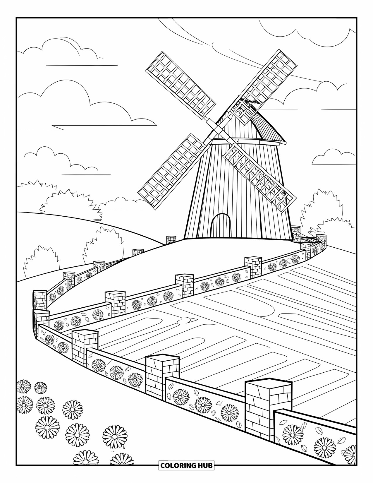 Landscape Coloring Page for Kids: Stone fences frame a windmill surrounded by striped flower patches