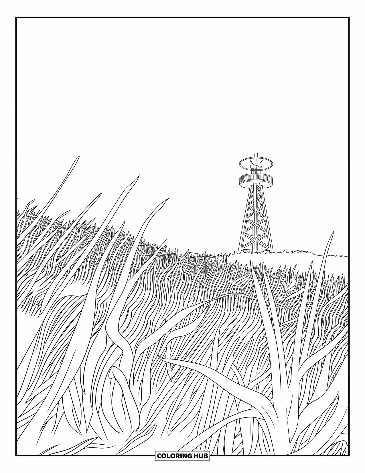 Landscape Coloring Page for Kids: Tall grass sways near a wooden lookout tower in the distance