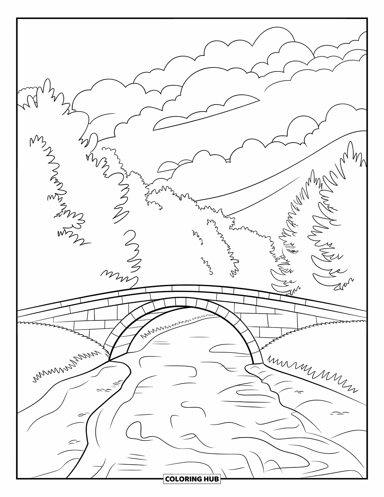 Landscape Coloring Page for Kids: Tall trees surround a river and stone bridge beneath an overcast sky