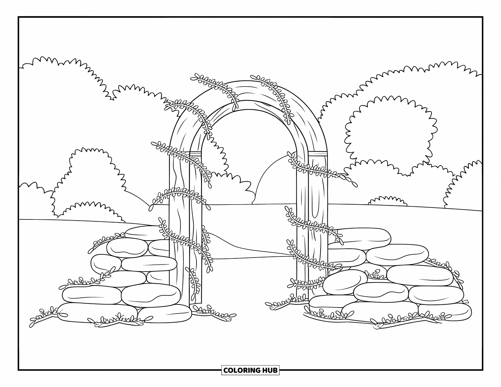 Landscape Coloring Page for Kids: Weathered wood and vines surround a garden archway with stones