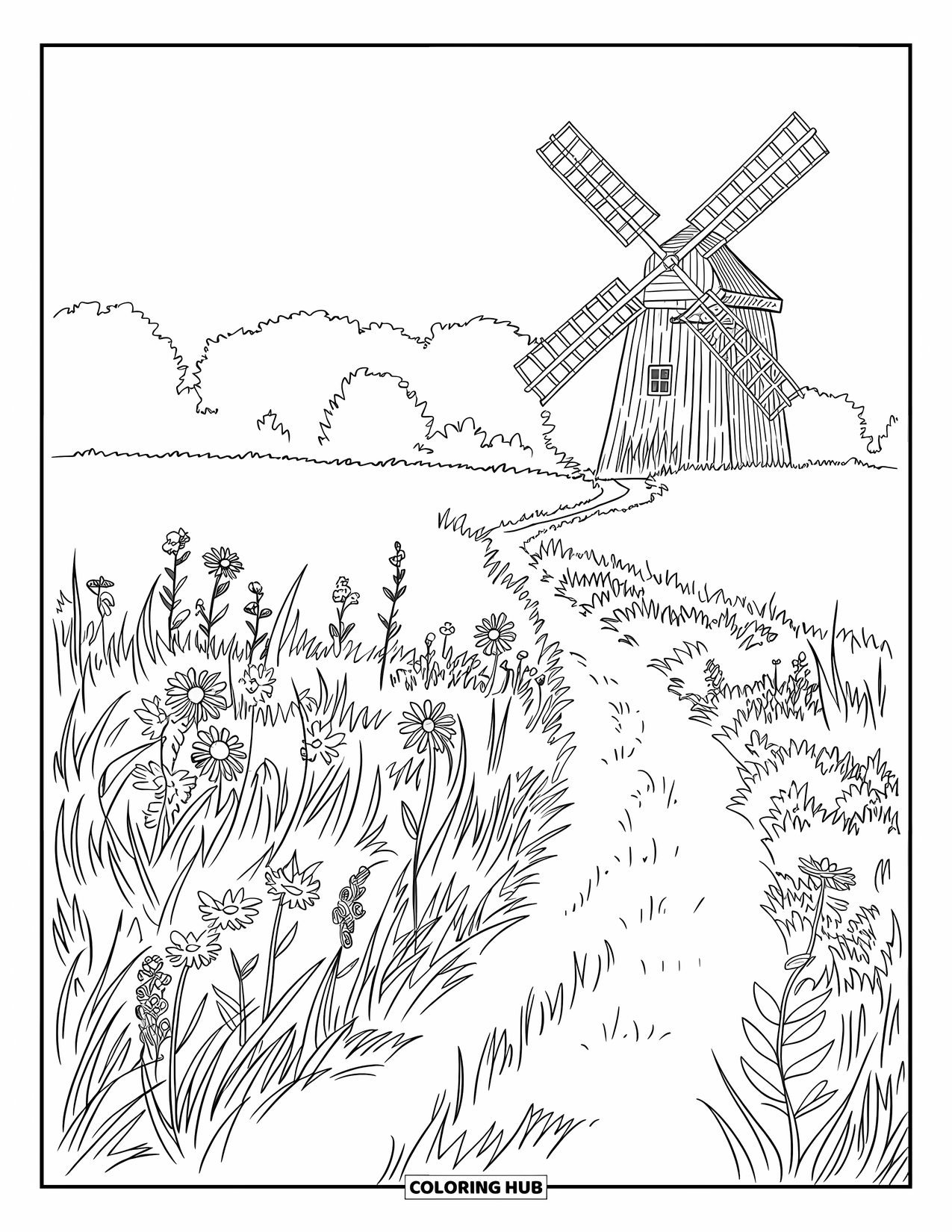 Landscape Coloring Page for Kids: Winding paths cut through a field of flowers and a windmill