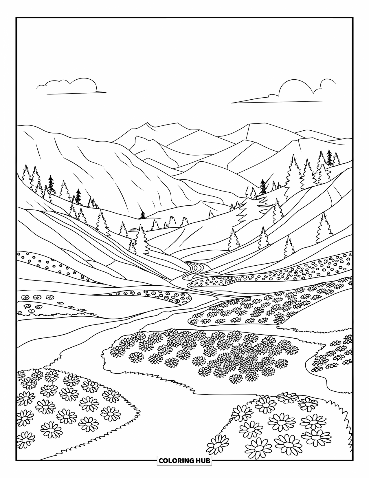 Landscape Coloring Page for Kids: Winding trails curve through a valley with flower gardens