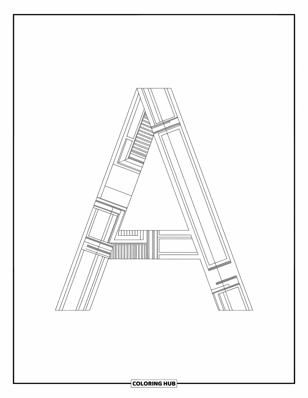 Coloriage de la lettre A pour adultes : Un A se fond dans un design de plan rempli de motifs architecturaux et de lignes élégantes
