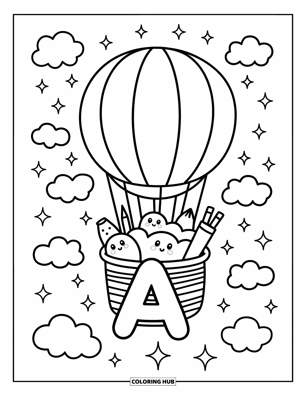 Coloriage de la lettre A pour adultes : A dérive sous une montgolfière avec des coussins douillets et des étoiles joyeuses dans le panier