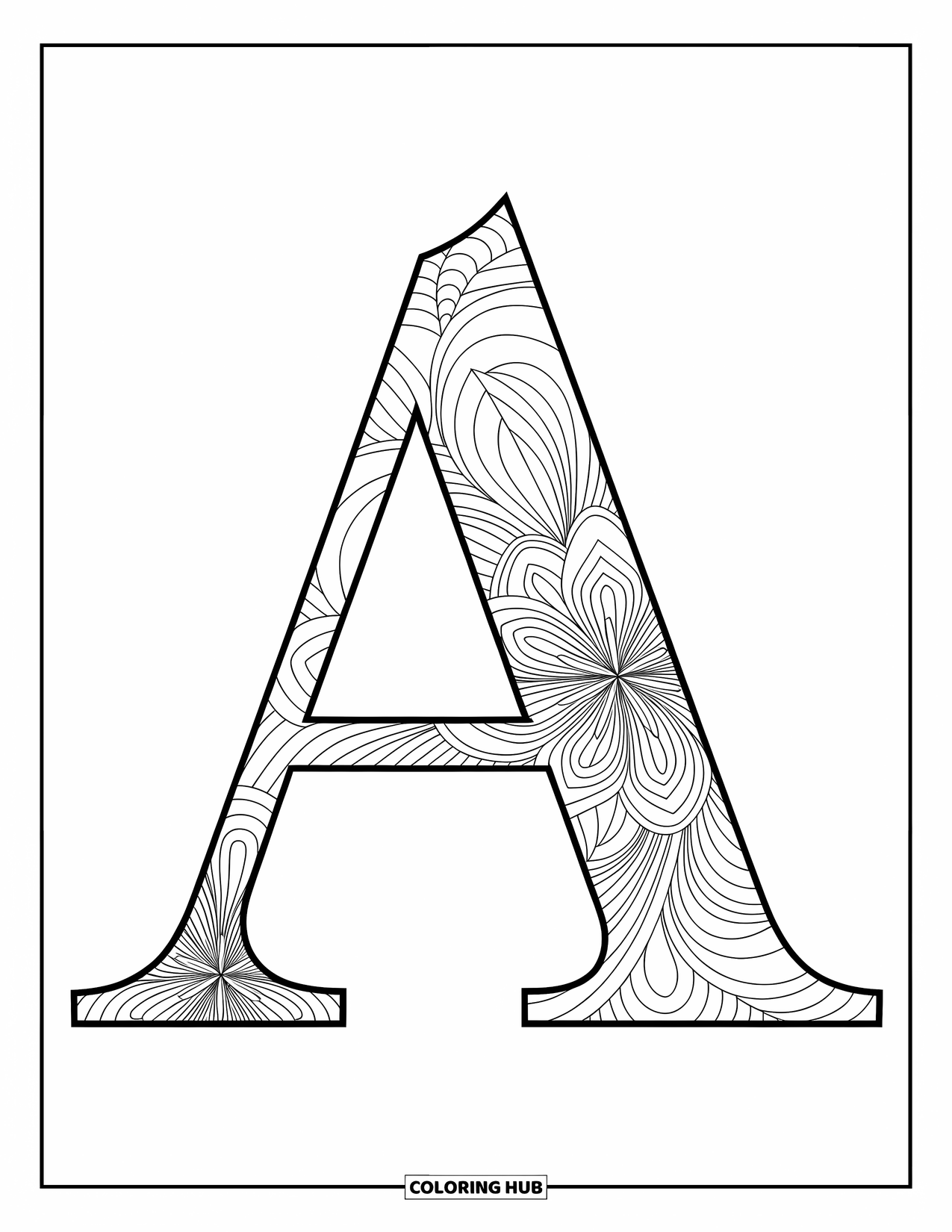Coloriage de la lettre A pour adultes : Un A rempli de doux tourbillons floraux et de douces courbes de mandala