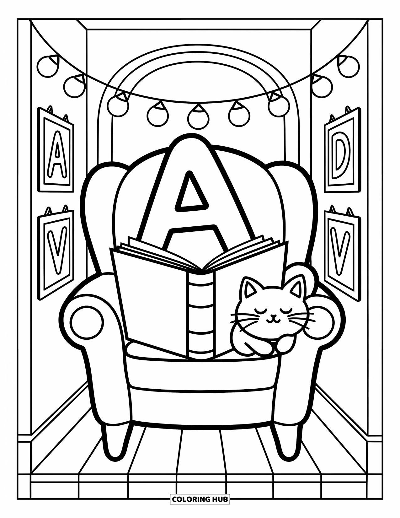 Coloriage de la lettre A pour adultes : A lit paisiblement dans un coin douillet avec un chat endormi et des affiches de l'alphabet sur le mur