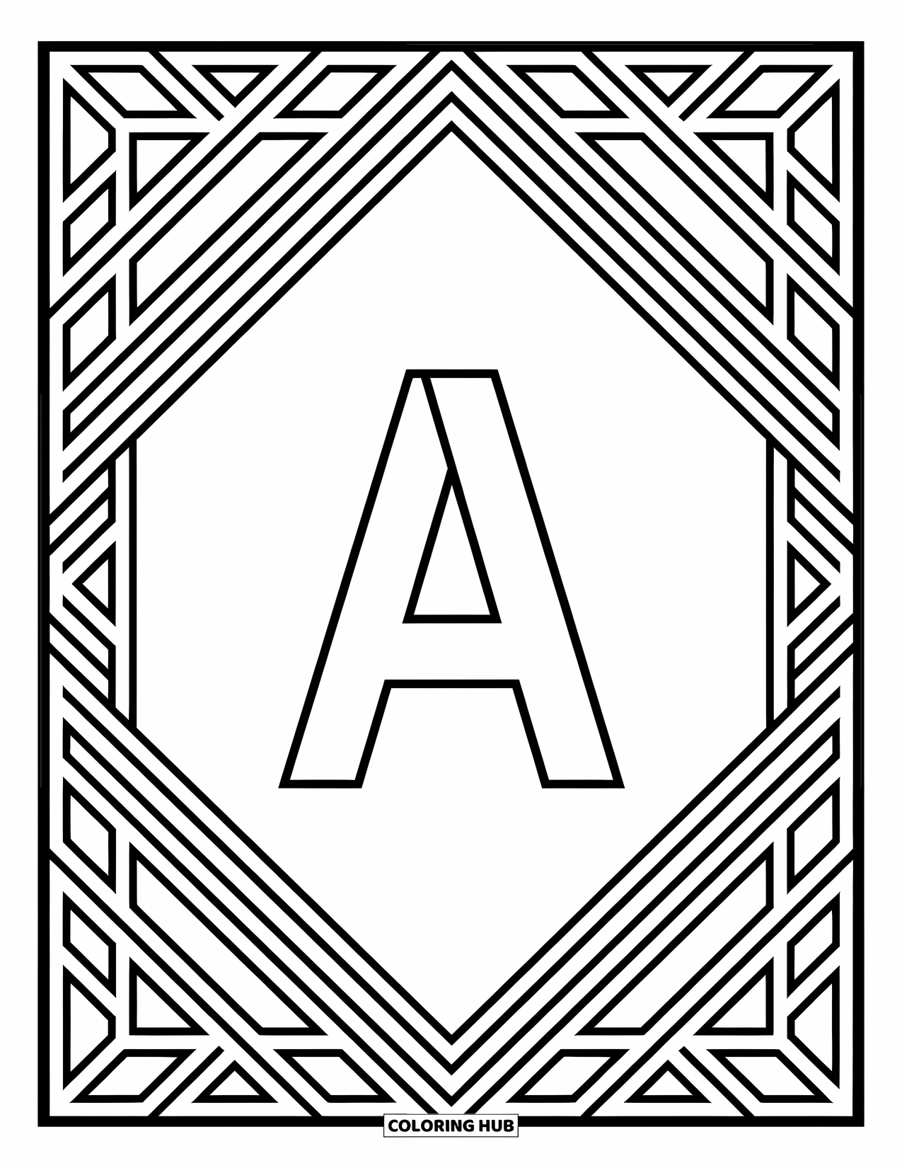 Coloriage de la lettre A pour adultes : Un A se trouve à l'intérieur d'une bordure géométrique avec des diamants, des hexagones et des détails complexes apaisants