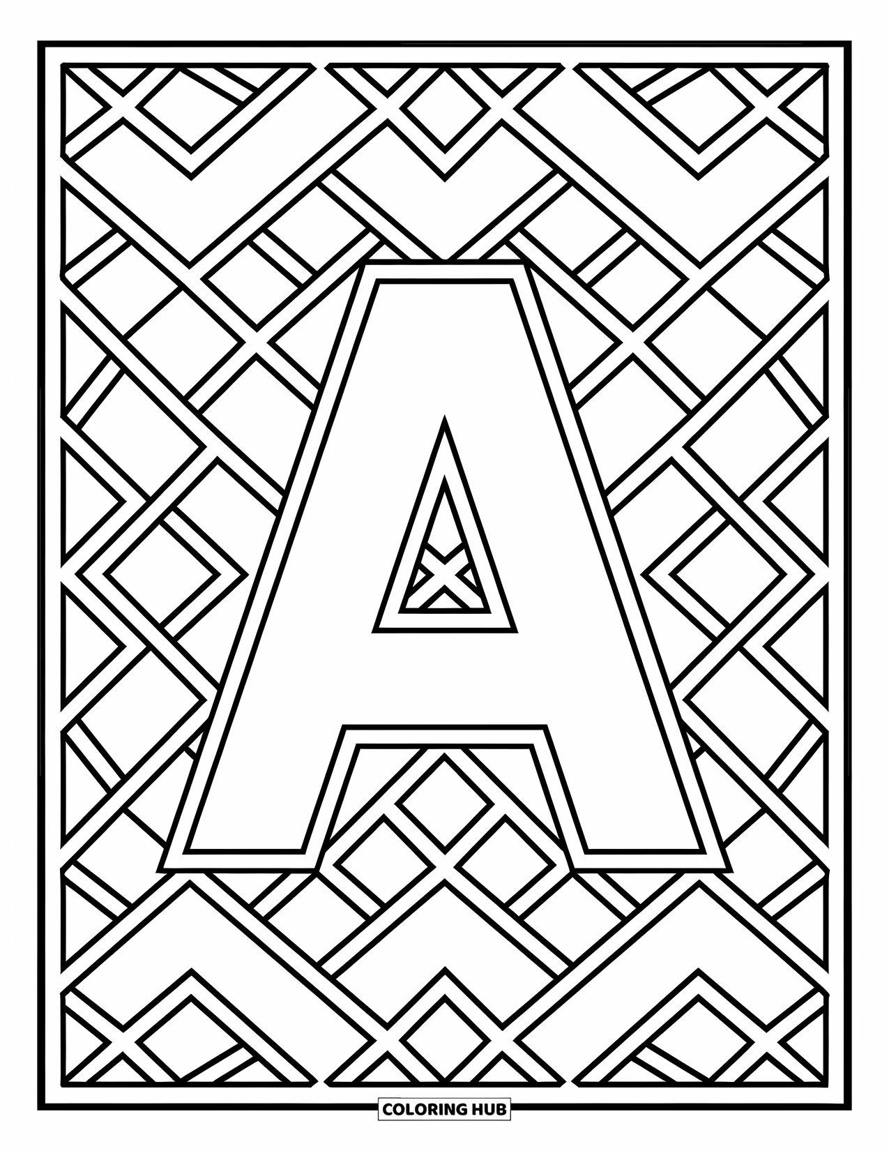 Coloriage de la lettre A pour adultes : Un A se trouve dans un cadre géométrique de diamants et d'hexagones entouré de motifs détaillés