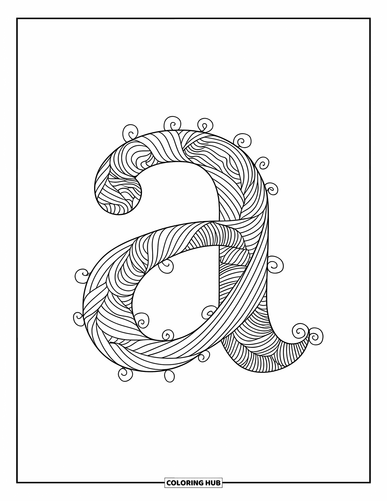Coloriage de la lettre A pour adultes : Un A tissé de vignes et de boucles entouré de motifs et de bordures fins et détaillés