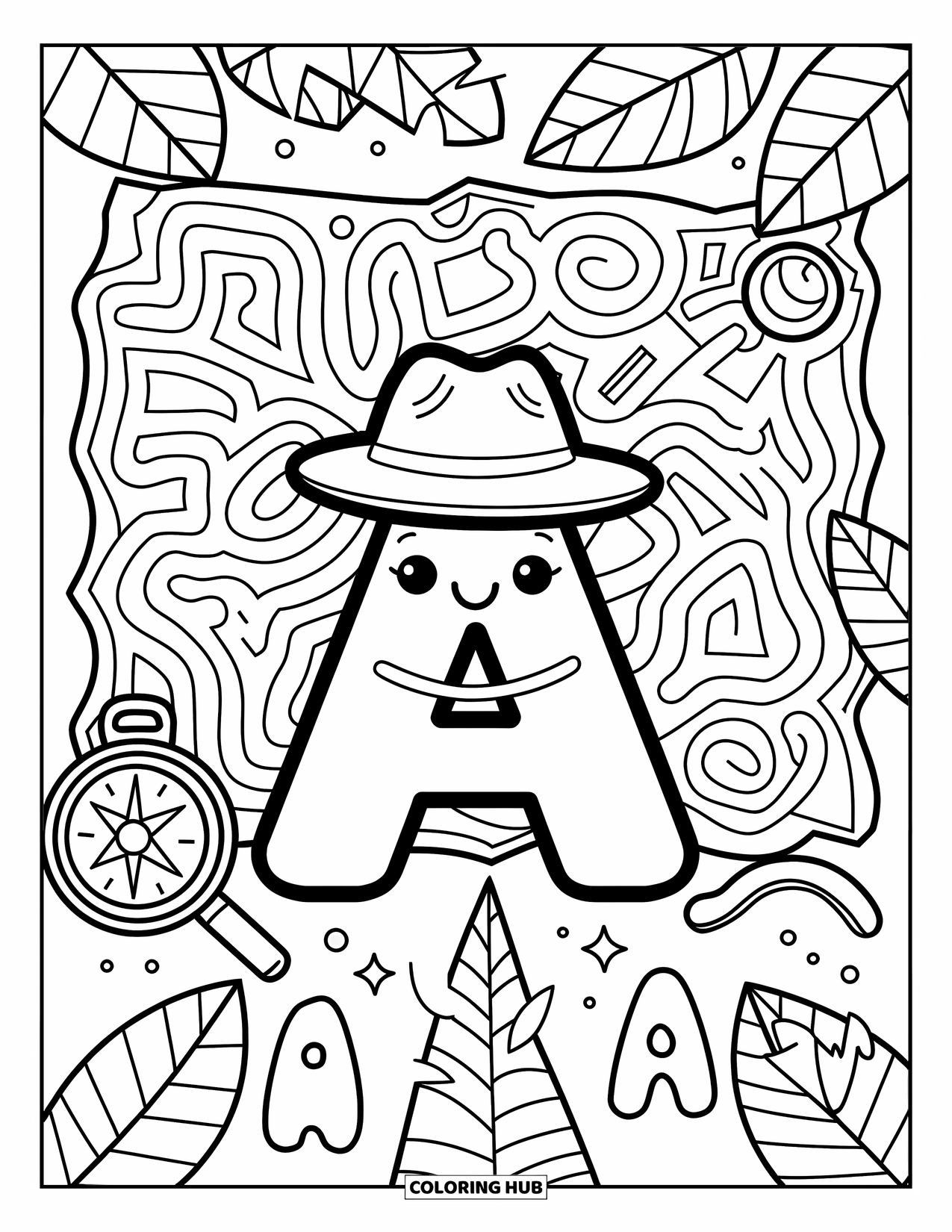 Coloriage de la lettre A pour adultes : La lettre A aventureuse explore une carte de l'alphabet avec des outils ludiques et des formes de jungle feuillues