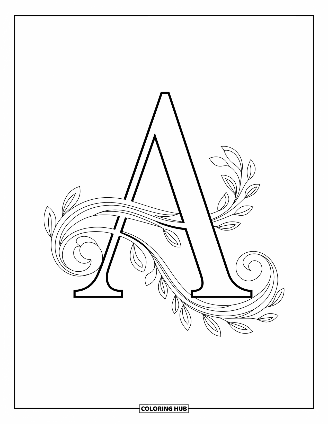 Coloriage de la lettre A pour adultes : Un A Art nouveau avec des motifs botaniques fluides et d'élégantes embellissements floraux