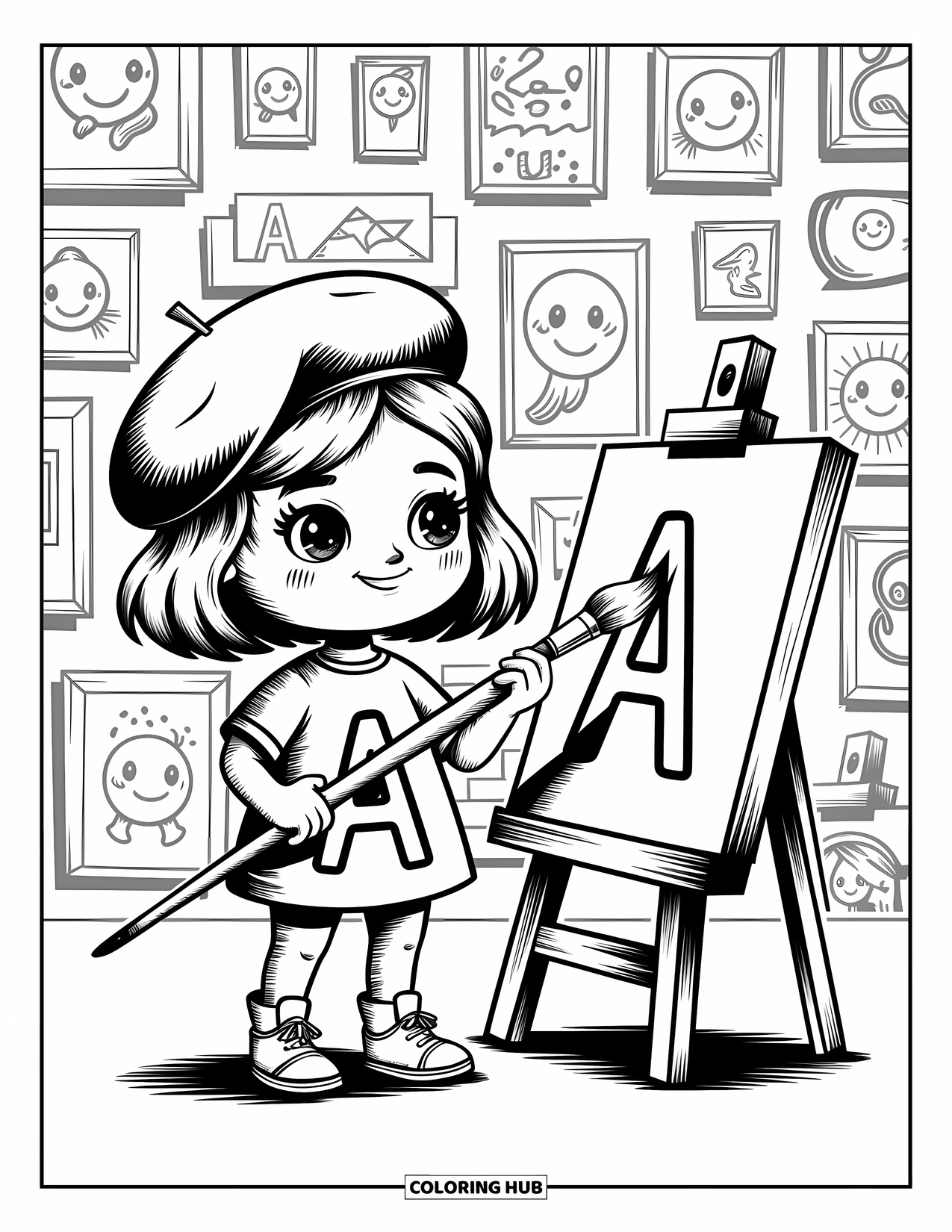 Coloriage de la lettre A pour adultes : L'artiste A peint sur un chevalet avec des tubes de peinture souriants et des mini-œuvres d'art derrière elle