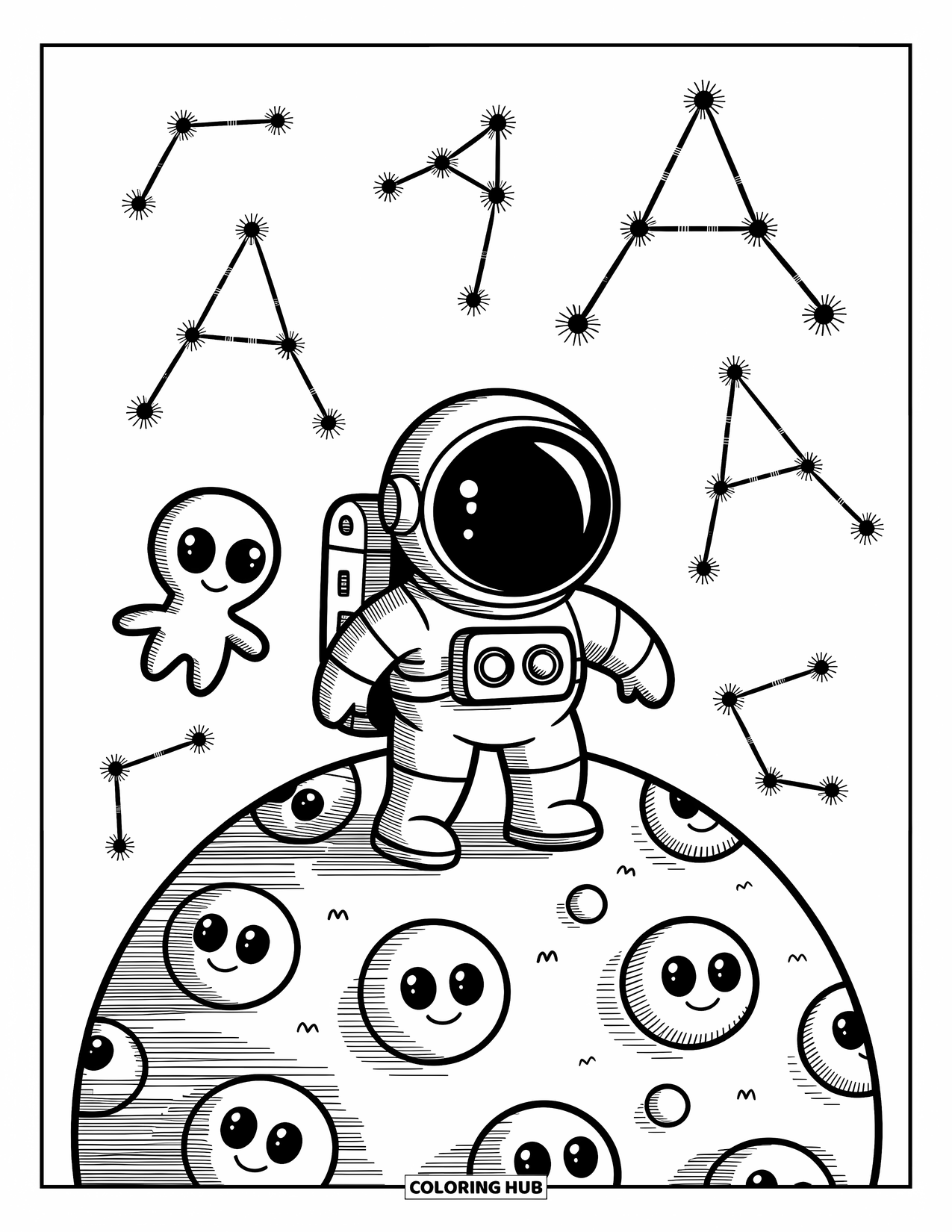 Coloriage Lettre A pour adultes : Un a astronaute flotte près d'un extraterrestre amical sur une planète avec des cratères souriants et des formes d'étoiles