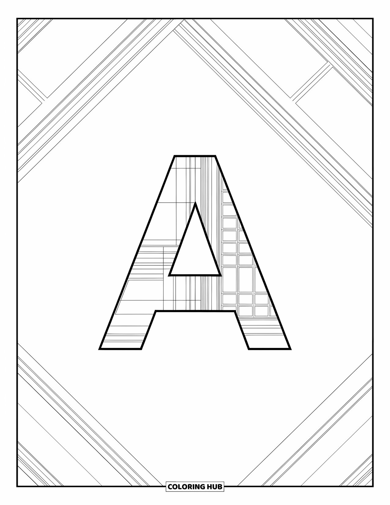 Coloriage de la lettre A pour adultes : Un A audacieux se fond dans un design architectural propre rempli de lignes élégantes et de formes subtiles