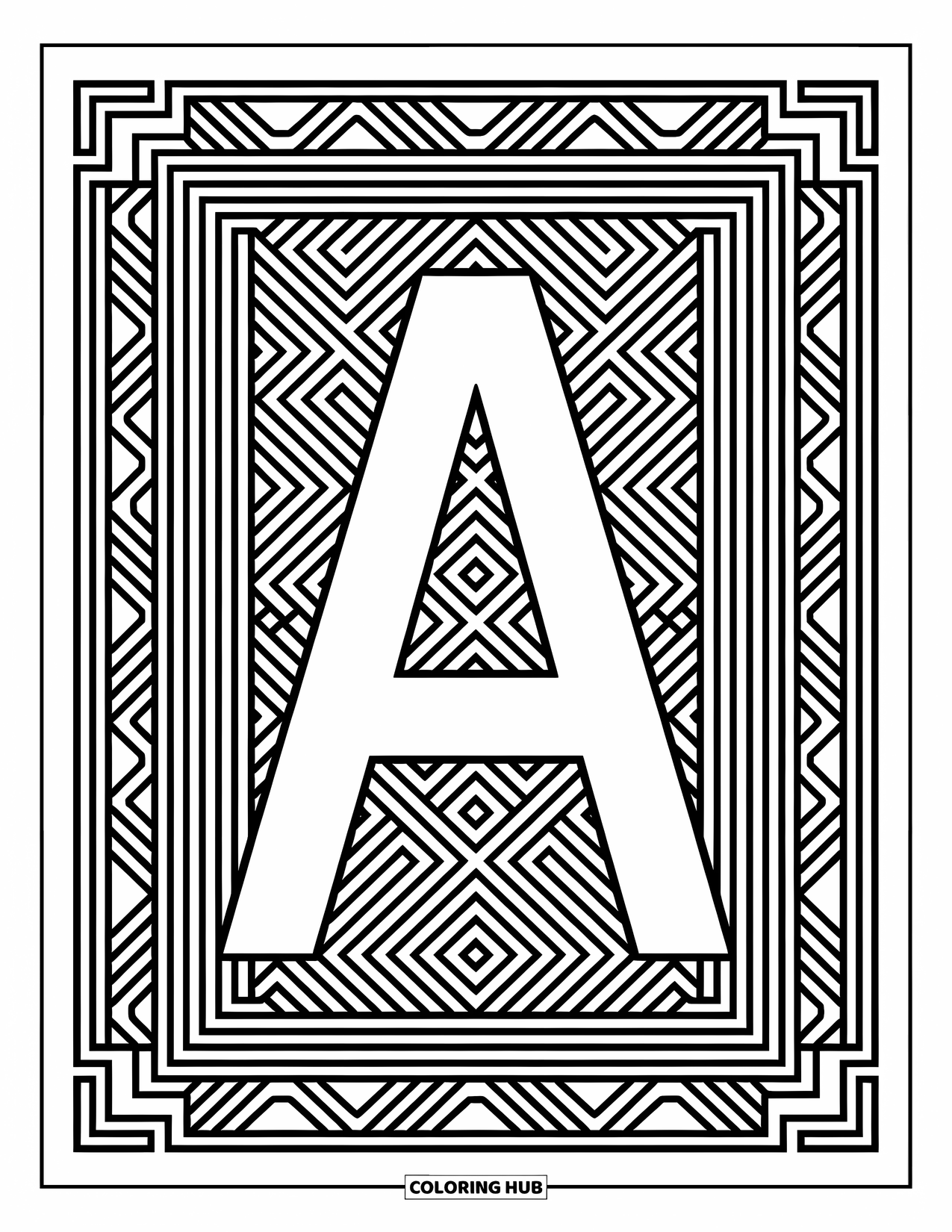 Coloriage de la lettre A pour adultes : Un A audacieux encadré par des diamants et des hexagones avec un fond rempli de motifs géométriques