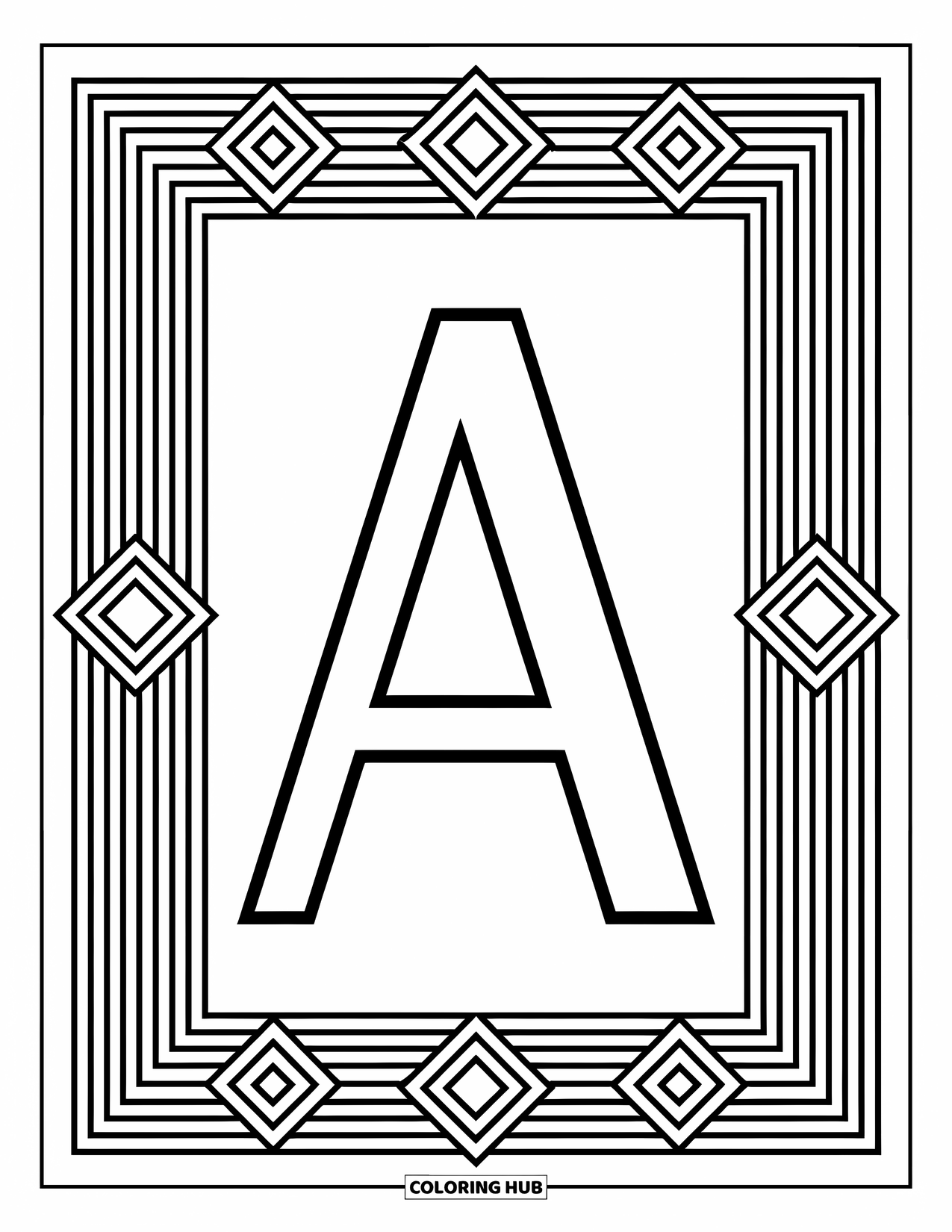 Coloriage de la lettre A pour adultes : Un A audacieux encadré par des diamants et des hexagones avec des motifs détaillés remplissant l'espace environnant