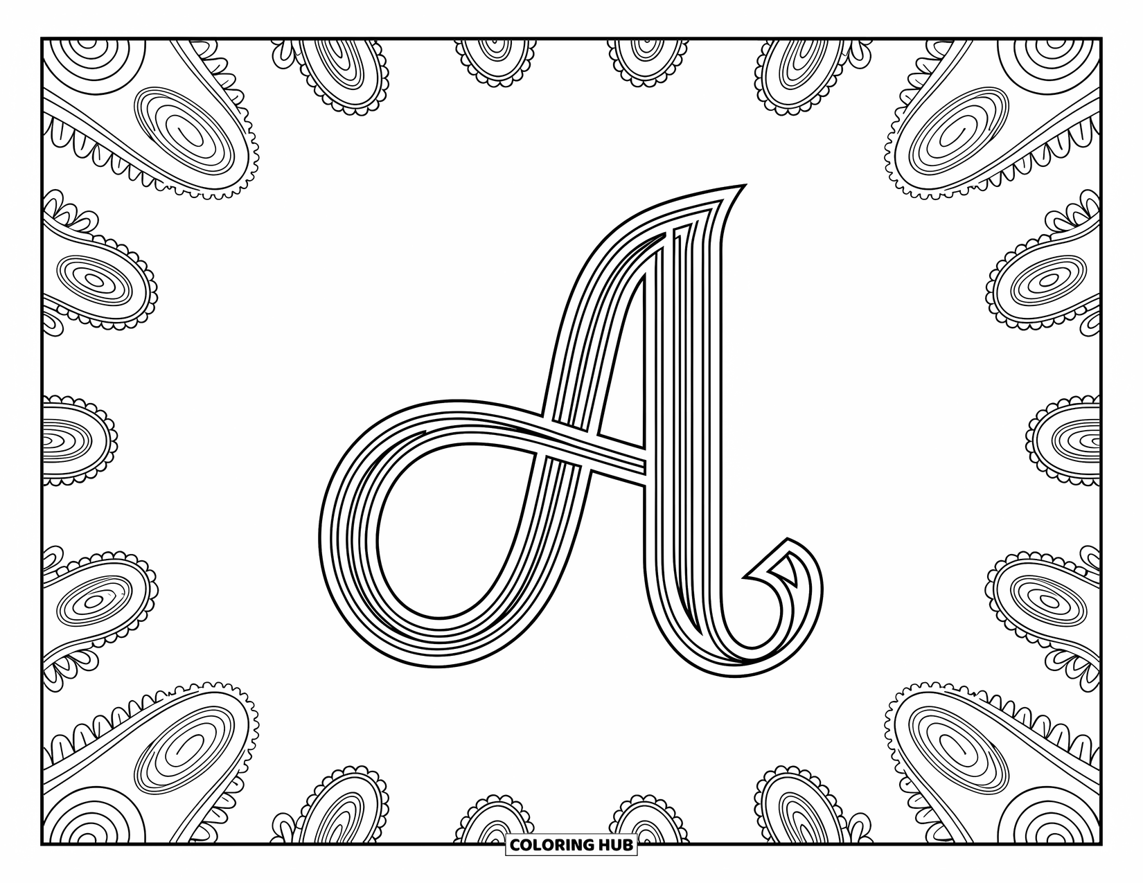 Coloriage de la lettre A pour adultes : A calligraphique entouré de formes cachemire complexes et de motifs décoratifs apaisants