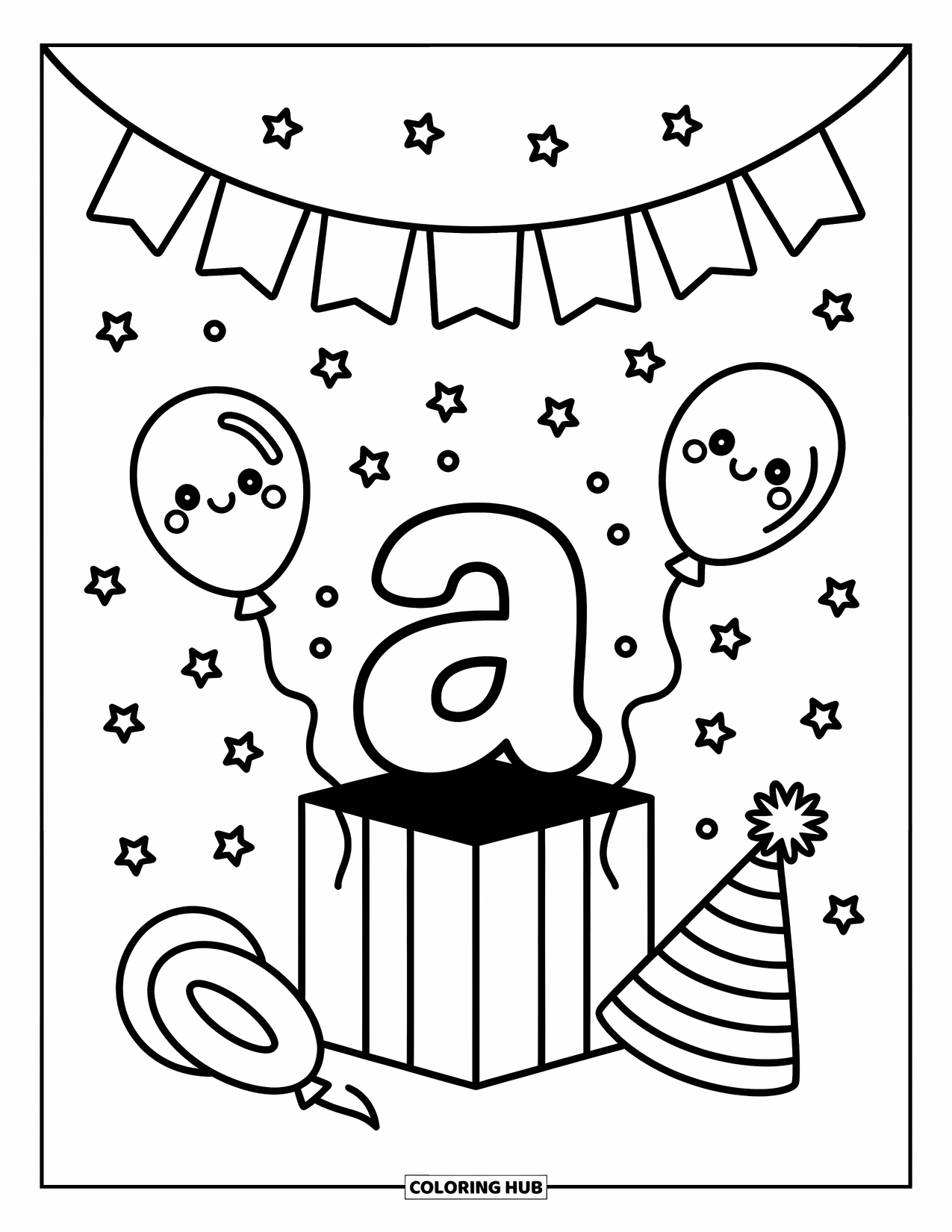 Coloriage de la lettre A pour adultes : Un a joyeux saute d'une boîte cadeau entourée de ballons, de confettis et de décorations de fête