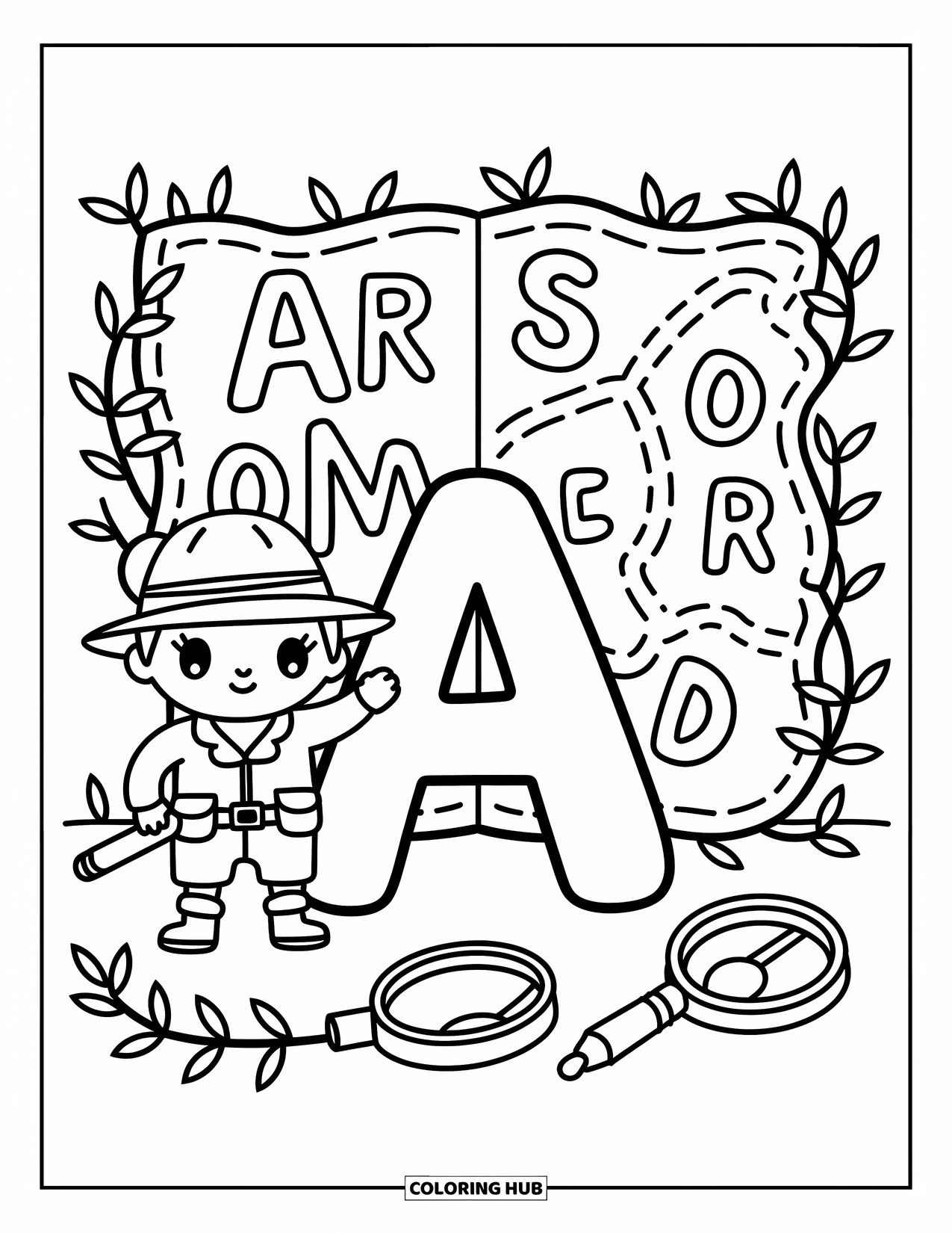 Coloriage de la lettre A pour adultes : L'explorateur A se tient fièrement près d'une carte au trésor avec des lianes de jungle en forme de petits A