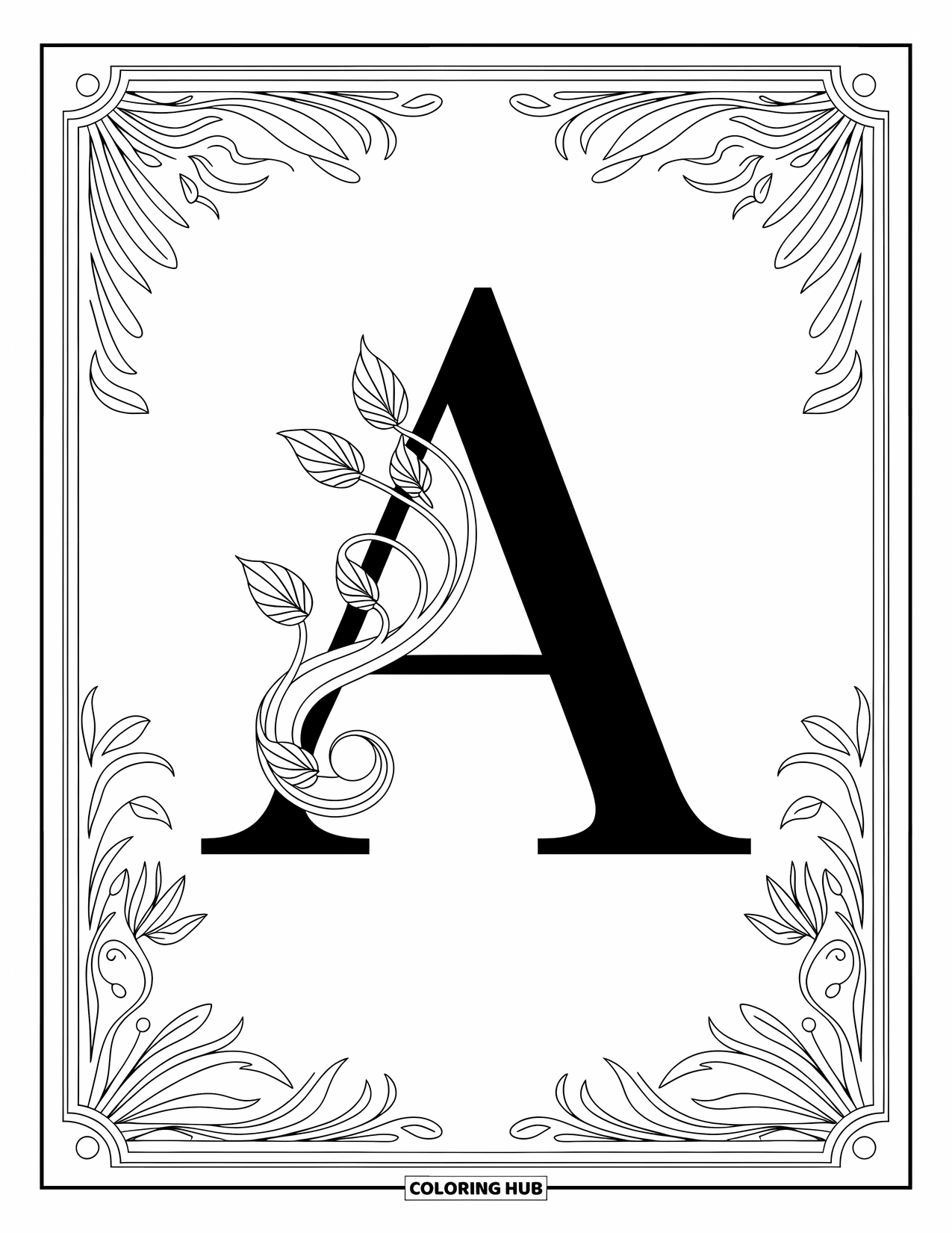 Coloriage de la lettre A pour adultes : Un A floral Art nouveau avec d'élégantes vignes et contours