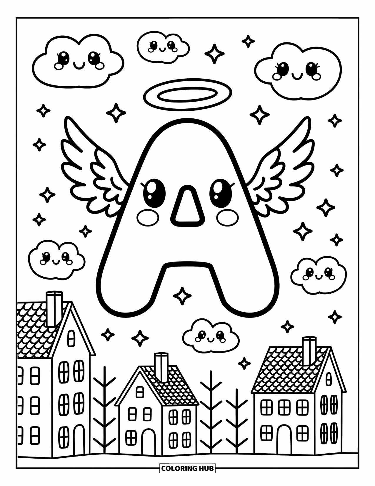 Coloriage Lettre A pour adultes : Un A amical avec des ailes et un halo plane au-dessus d'un village paisible et d'étoiles applaudissant