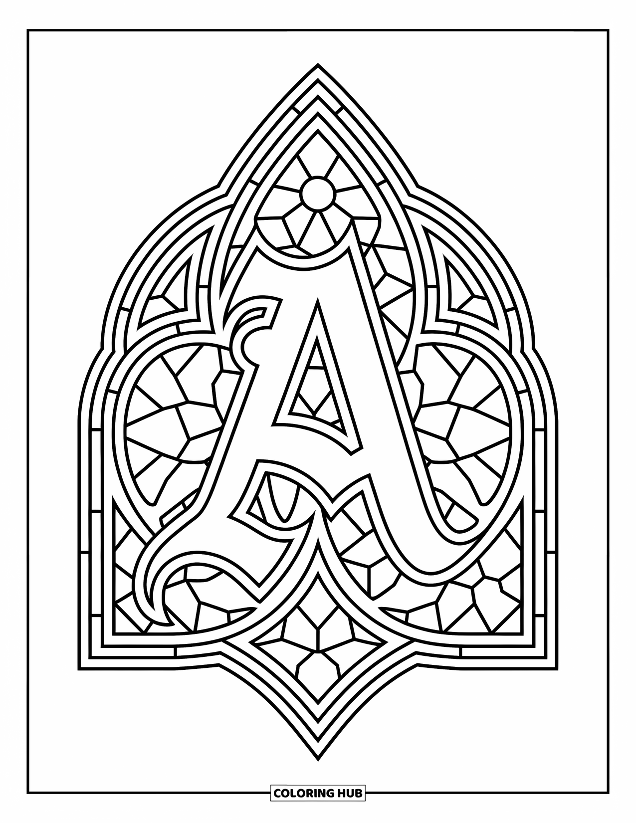 Coloriage de la lettre A pour adultes : Un A gothique est au centre avec de gracieuses formes de vitraux qui l'entourent