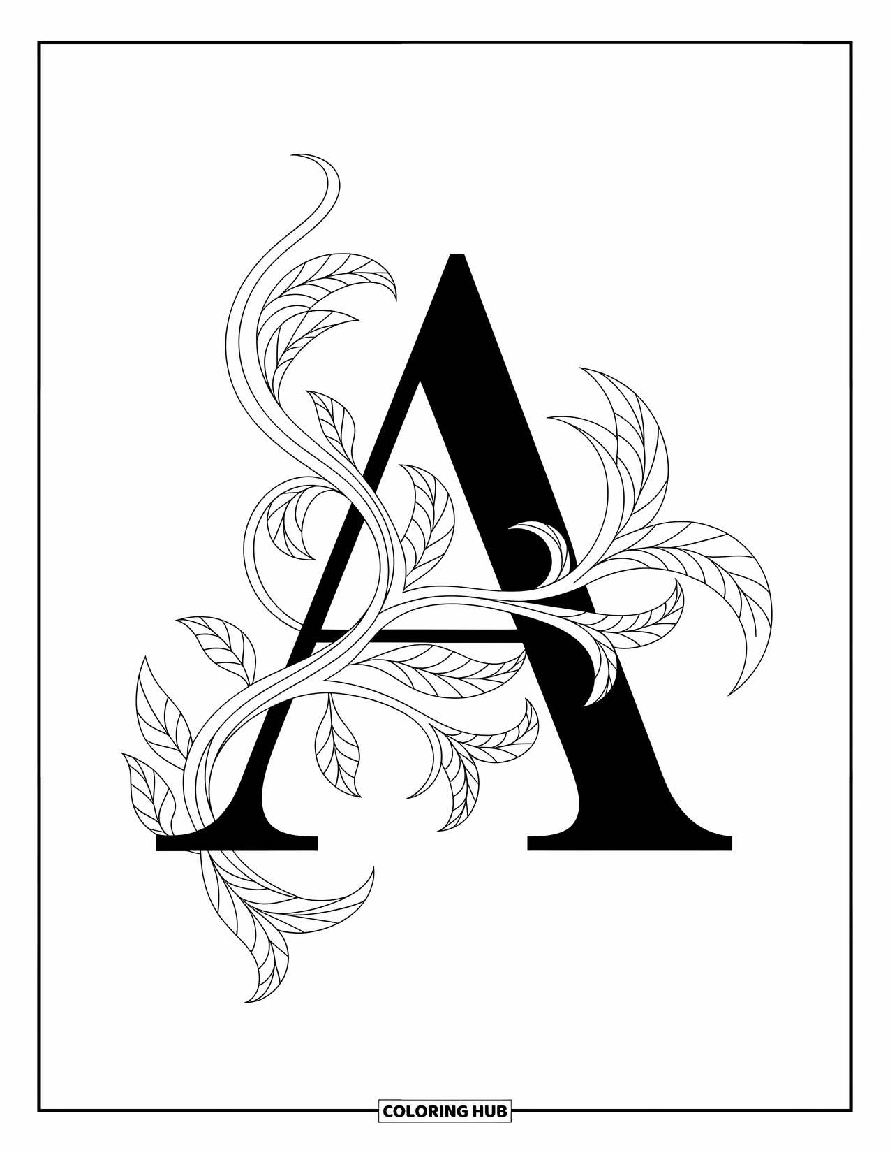 Coloriage de la lettre A pour adultes : Un A gracieux avec des vignes et des feuilles tourbillonnantes dans un style Art nouveau fluide