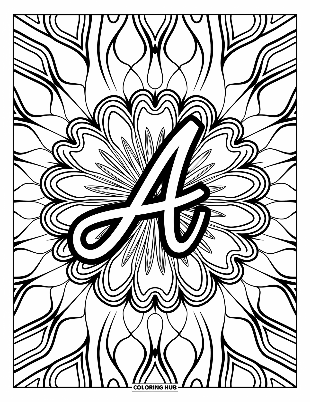 Coloriage de la lettre A pour adultes : Un A écrit à la main brille du centre d'un mandala rempli de motifs élégants et fluides