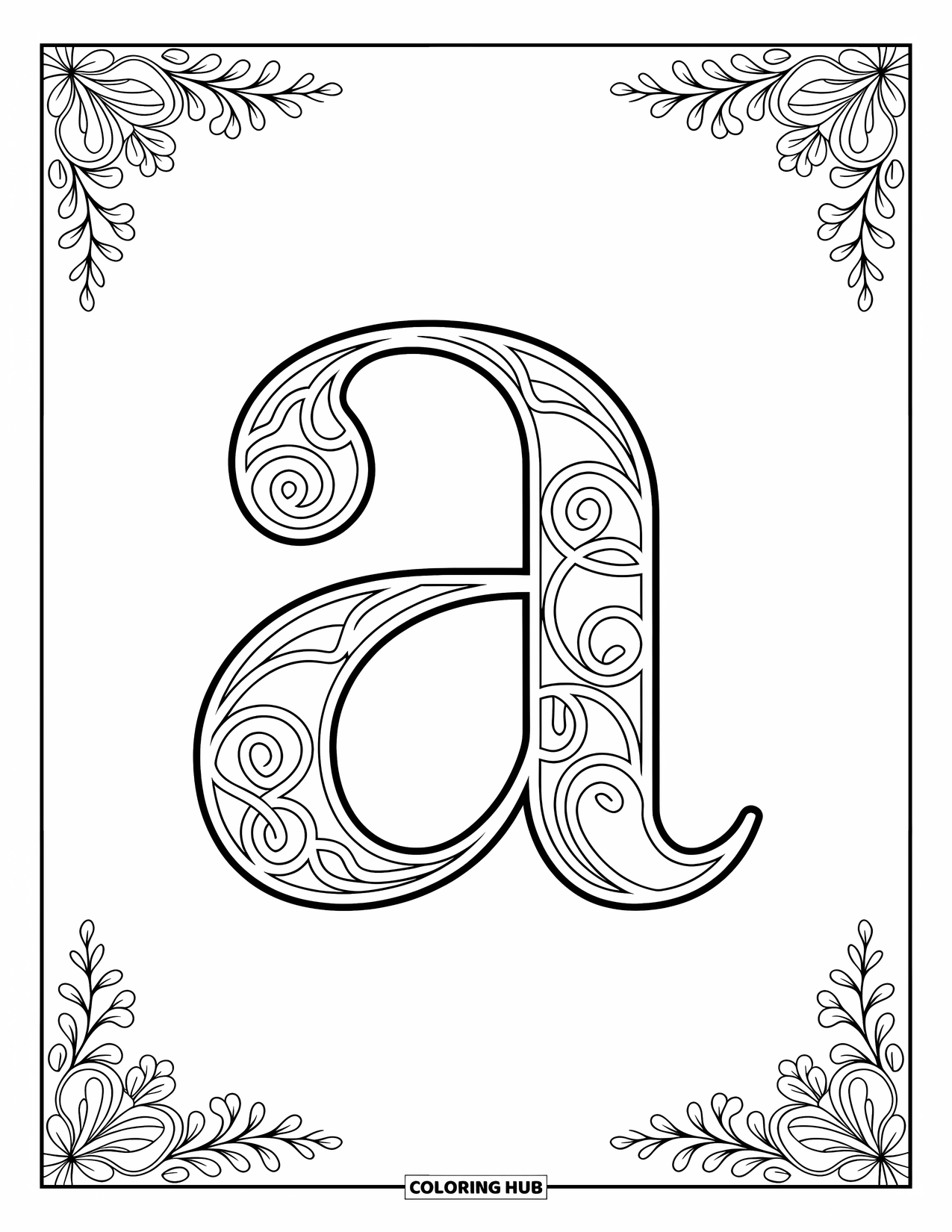 Coloriage de la lettre A pour adultes : Un a complexe fabriqué à partir de vignes et de boucles, entouré de motifs floraux détaillés