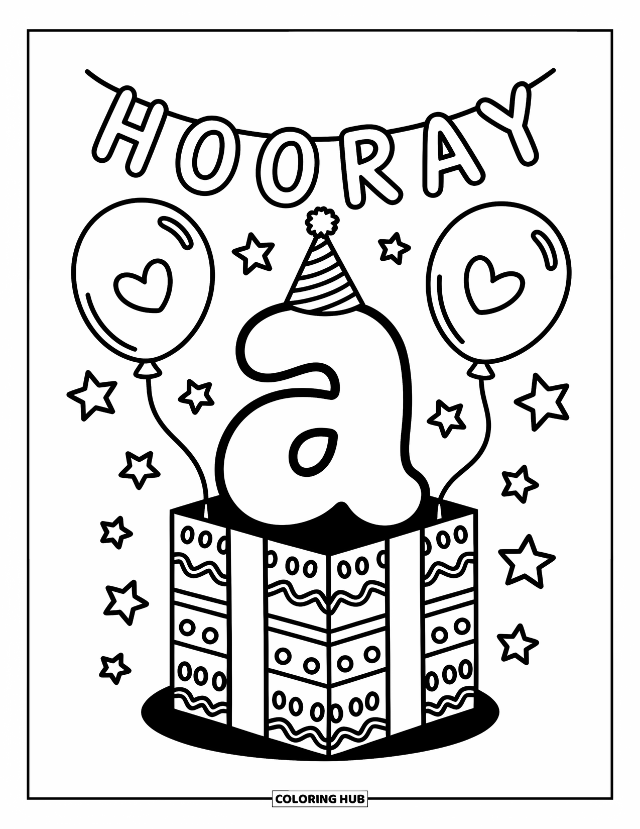 Coloriage de la lettre A pour adultes : Un petit a joyeux jaillit d'une boîte cadeau avec des ballons et une banderole qui dit « Hourra »