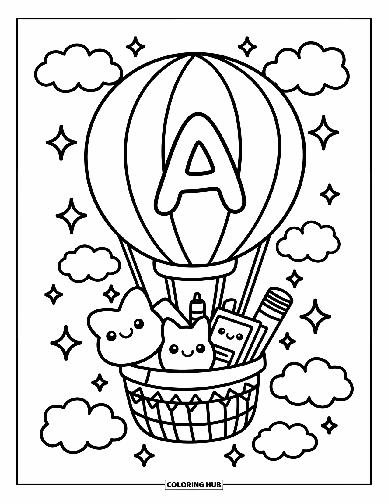 Coloriage Lettre A pour adultes : La lettre A flotte doucement sous un ballon transportant des oreillers, des fournitures d'art et de minuscules étoiles