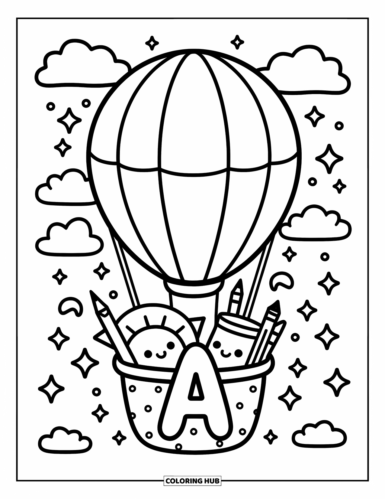 Coloriage de la lettre A pour adultes : La lettre A flotte sous un ballon rempli de coussins, d'outils d'art et d'étoiles souriantes